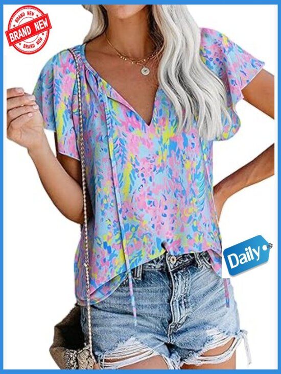 Tops - Boho Floral V-Neck Blouse, Lightweight Polyester, Loose Fit Summer Top